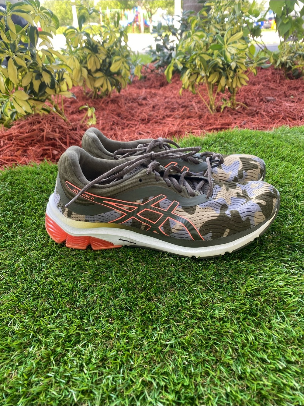 ASICS Men’s Olive Camo Running Shoes with Orange Accents